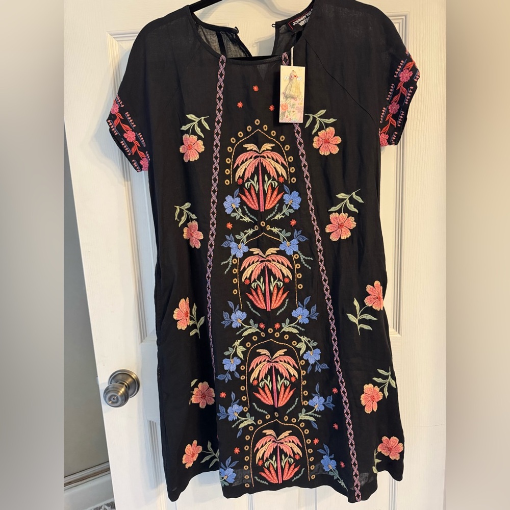 Johnny Was Black Embroidered Raglan Seamed Dress with Pink and Blue Accents